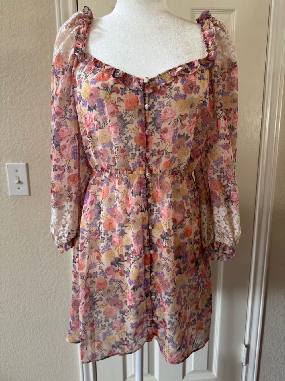 For Love & Lemons Floral Lace Trim Mini Robe/dress Size M Cottagecore Romantic - Picture 3 of 9